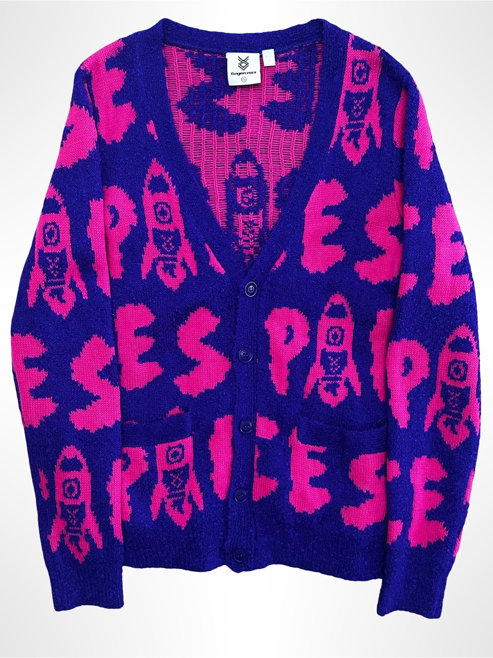 Gorgeous Fuzzy Space Rocket Knit Cardigan - Bright Pink & Blue (S)